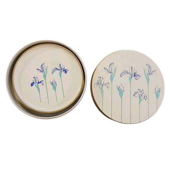 Otagiri Blue Iris Rhapsody Lacquerware Coasters Set of 5 in Container w/Lid 4"W - Picture 1 of 6